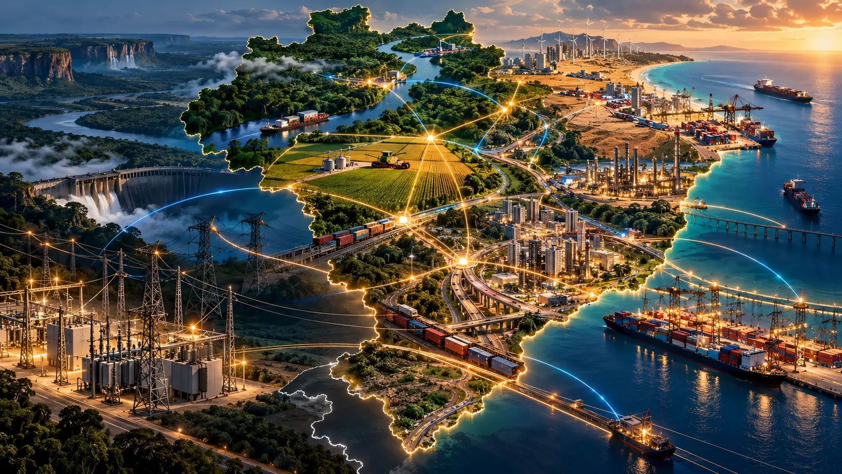 Mapa do Brasil integrado por redes de energia, logística, indústria, agricultura e portos.