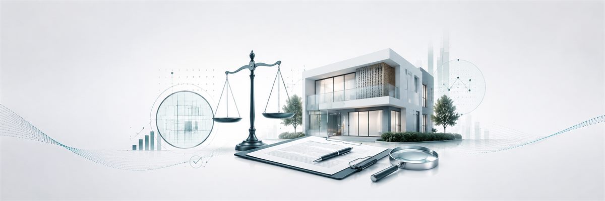 Apoio técnico a advogados com balança, imóvel e análise documental imobiliária