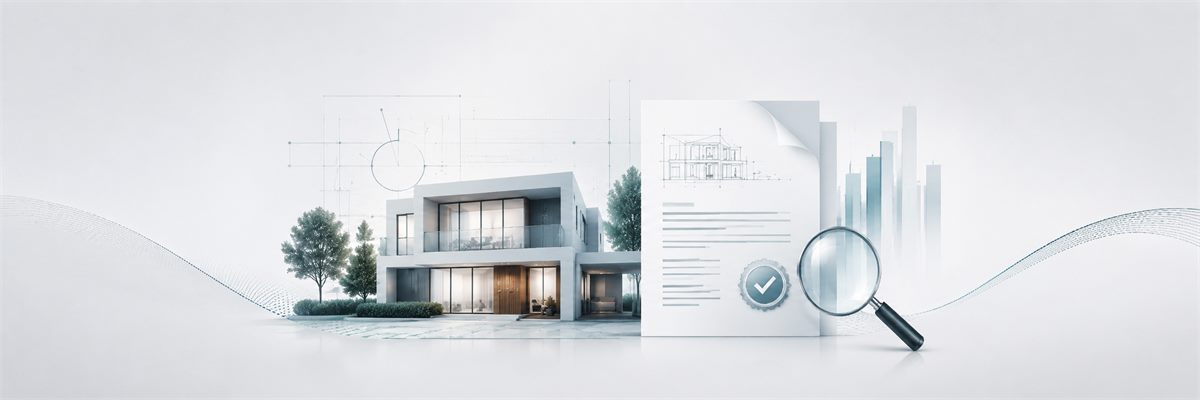 Parecer técnico imobiliário com documento, imóvel e lupa de análise