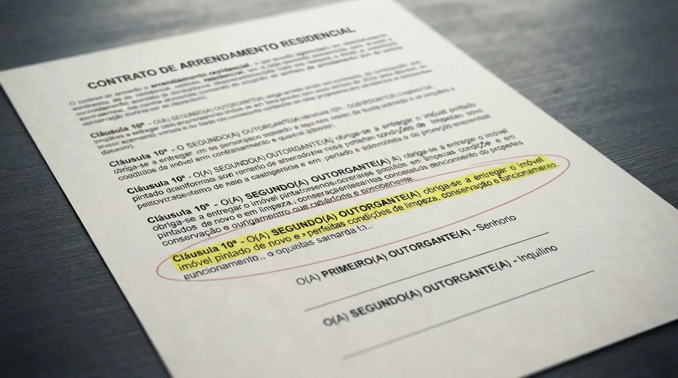 Contrato de locação residencial com cláusula destacada sobre entrega do imóvel, pintura, vistoria e possíveis cobranças ao inquilino.