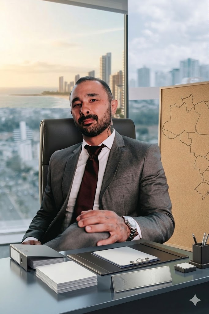 Totti Maikuma sentado à mesa em ambiente executivo com mapa do Brasil, representando estudos de viabilidade imobiliária