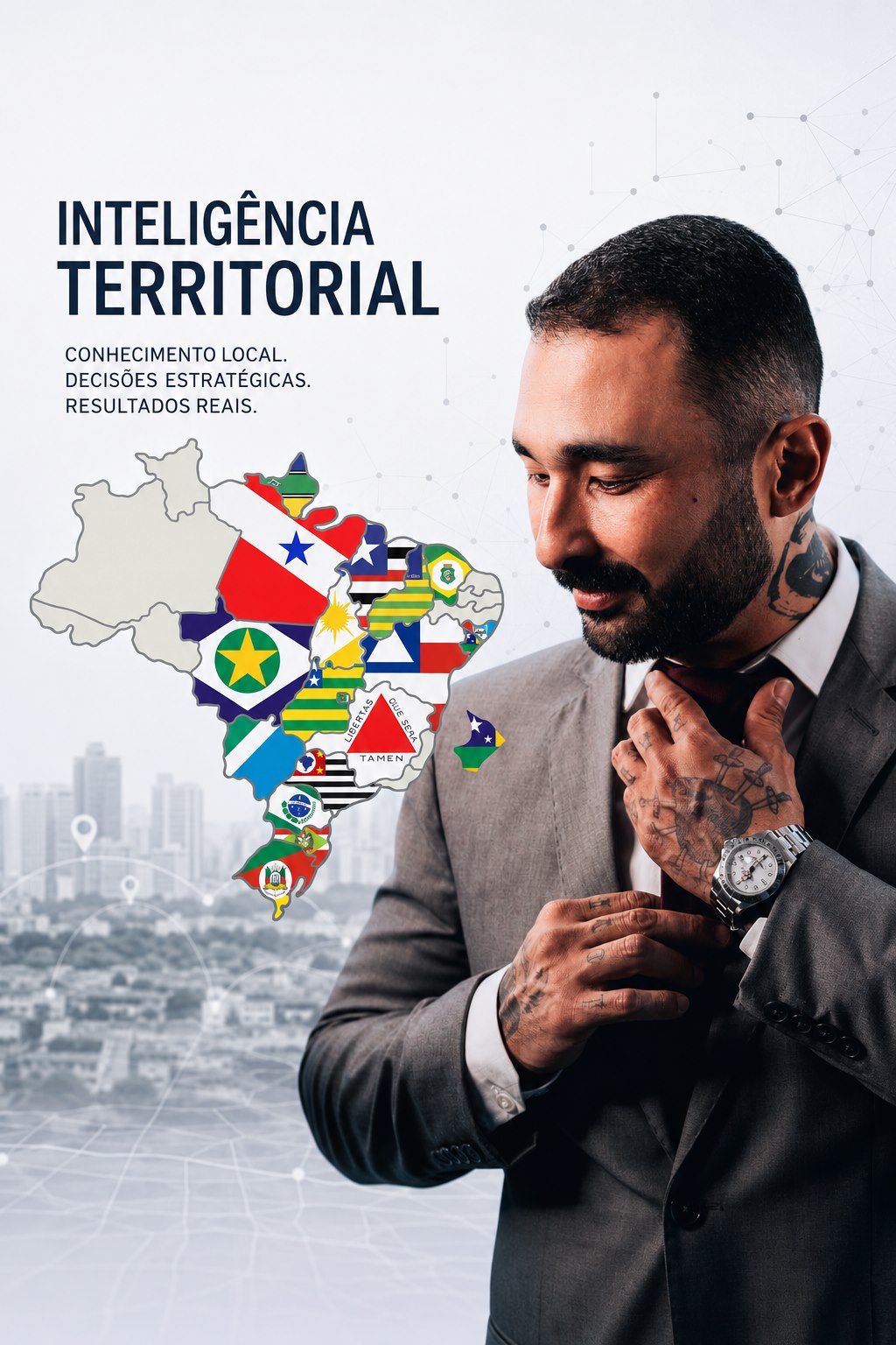 Totti Maikuma em composição visual sobre inteligência territorial, mapa do Brasil e análise imobiliária