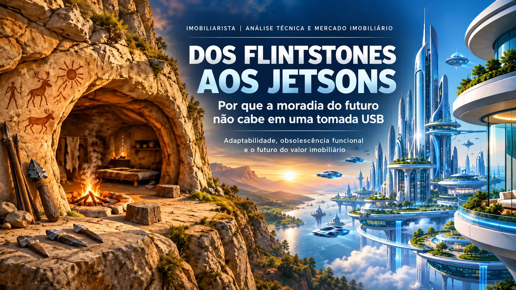 Dos Flintstones aos Jetsons: evolução da moradia entre uma caverna pré-histórica e uma cidade futurista, representando adaptabilidade, tecnologia e valor imobiliário.