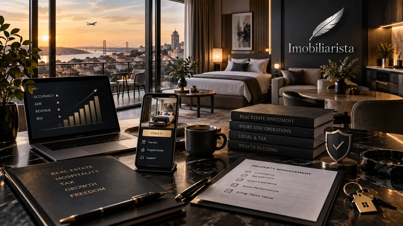 Ambiente de short stay com painel de ocupação e receita, check-in digital e planejamento de investimento imobiliário, operação e tributação.